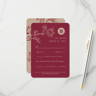 Kraft And Red Plum Blossoms Modern Asian Wedding RSVP Card