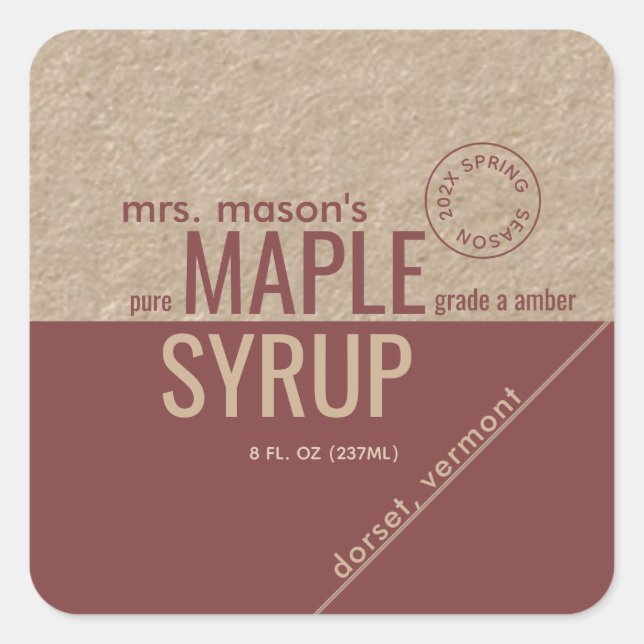 Kraft and Red Spring Season with Year Maple Syrup  Square Sticker (Front)