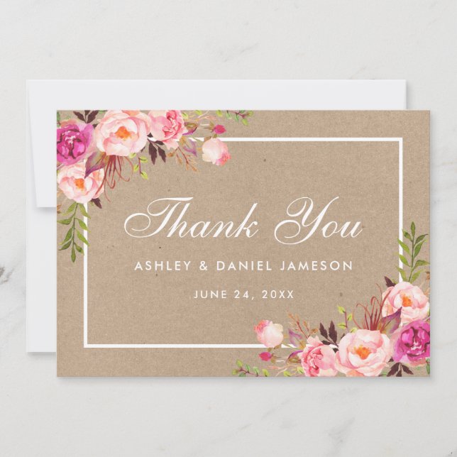 Kraft Aquarelle Floral rose Blush Mariage Merci (Devant)