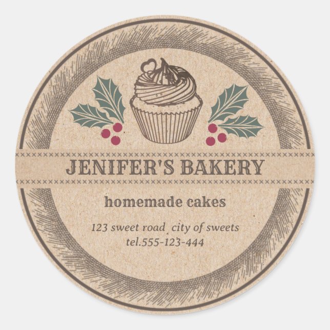 Kraft bakery Homemade holiday holly Classic Round Sticker (Front)