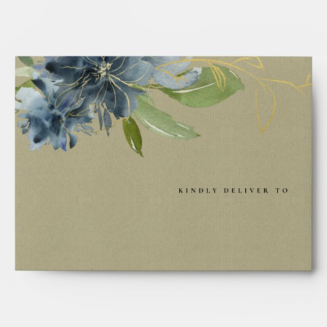 KRAFT BLUE GOLD GREEN FLORAL WATERCOLOR ADDRESS ENVELOPE (Front)