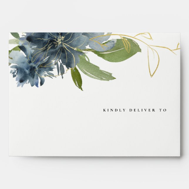 KRAFT BLUE GOLD GREEN FLORAL WATERCOLOR ADDRESS ENVELOPE (Front)