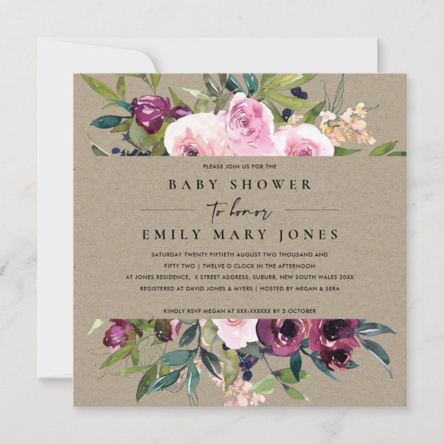 KRAFT BLUSH BURGUNDY FLORAL BUNCH BABY SHOWER INVITATION (Front)
