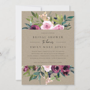 KRAFT BLUSH BURGUNDY FLORAL BUNCH BRIDAL SHOWER INVITATION