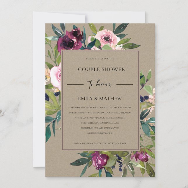 KRAFT BLUSH BURGUNDY FLORAL BUNCH COUPLE SHOWER INVITATION (Front)