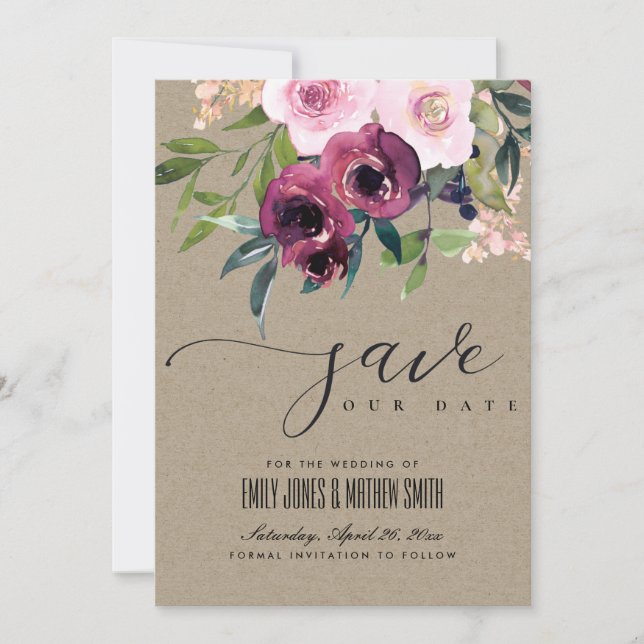KRAFT BLUSH BURGUNDY FLORAL BUNCH WEDDING SAVE THE DATE (Front)