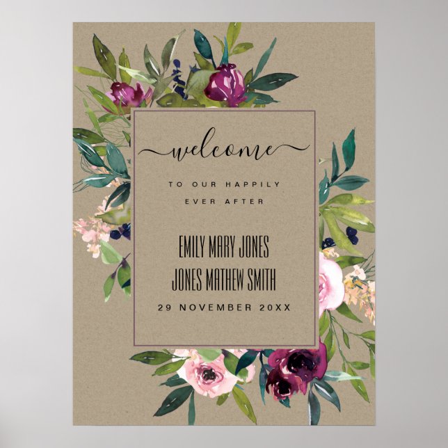 KRAFT BLUSH BURGUNDY FLORAL BUNCH WEDDING WELCOME POSTER (Front)
