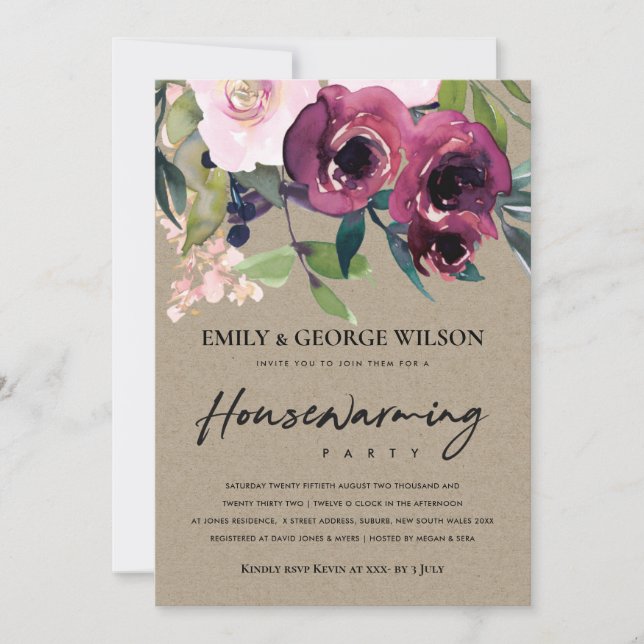 KRAFT BLUSH BURGUNDY FLORAL HOUSEWARMING PARTY INVITATION (Front)
