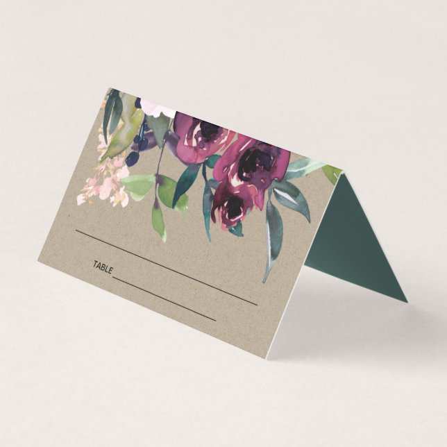 KRAFT BLUSH BURGUNDY FLORAL WEDDING PLACE CARDS (Front)