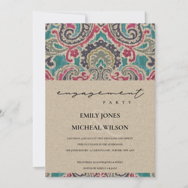 KRAFT BOHO TRIBAL IKAT PINK TEAL ENGAGEMENT INVITE (Front)