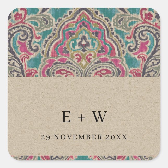 KRAFT BOHO TRIBAL IKAT PINK TEAL MONOGRAM WEDDING SQUARE STICKER (Front)