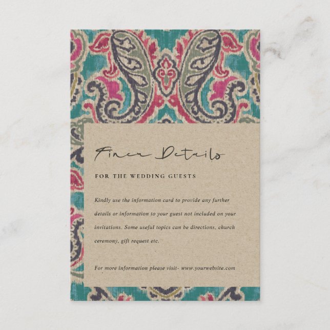 KRAFT BOHO TRIBAL IKAT PINK TEAL WEDDING DETAILS E ENCLOSURE CARD (Front)