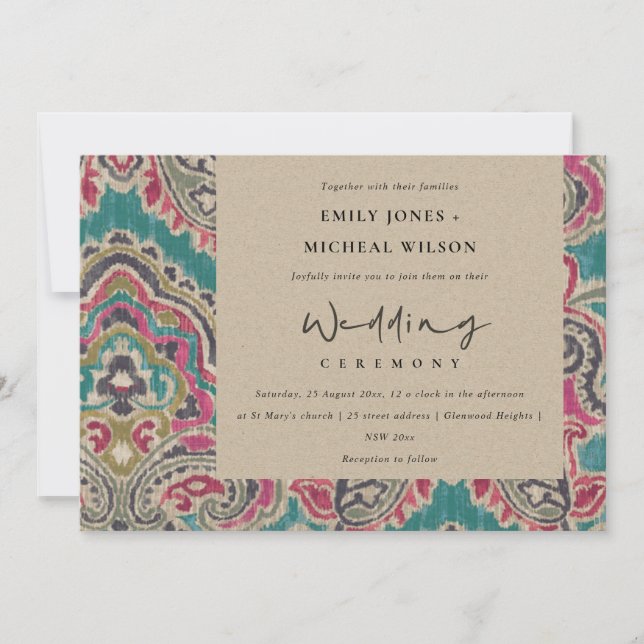 KRAFT BOHO TRIBAL IKAT PINK TEAL WEDDING INVITE (Front)