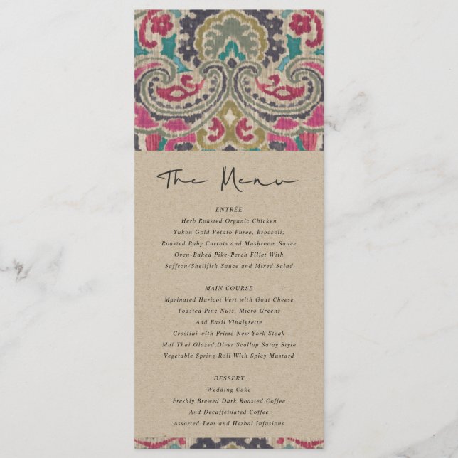 KRAFT BOHO TRIBAL IKAT PINK TEAL WEDDING MENU (Front)