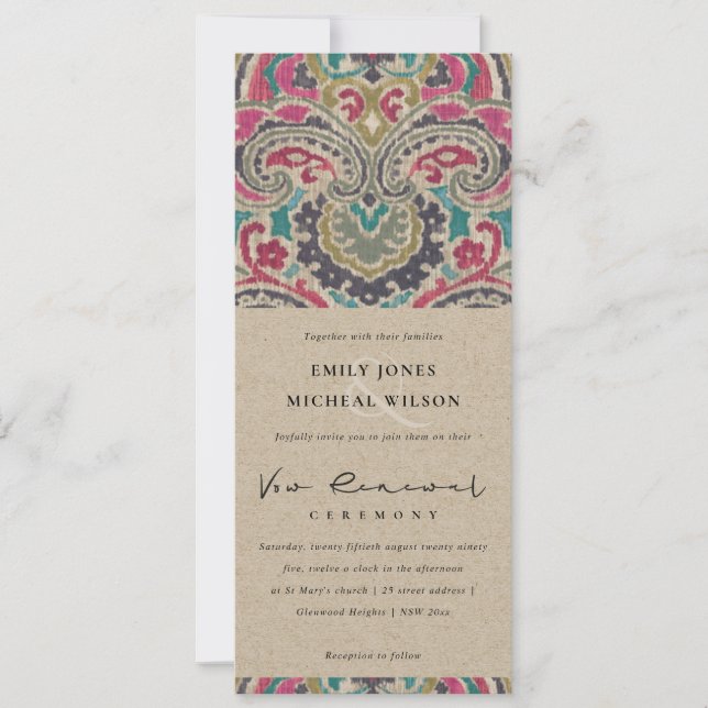 KRAFT BOHO TRIBAL IKAT PINK VOW RENEWAL INVITATION (Front)