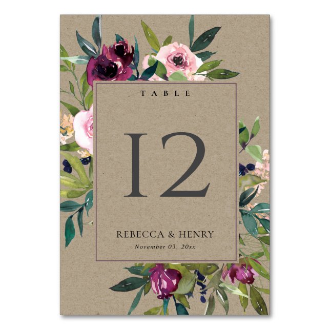 KRAFT BRIGHT BLUSH BURGUNDY FLORAL BUNCH WEDDING TABLE NUMBER (Front)