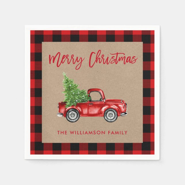 Kraft Brush Script Plaid Christmas Vintage Truck Napkin (Front)
