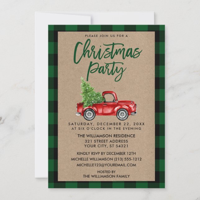 Kraft Brush Script Truck Plaid Christmas Party G Invitation (Front)