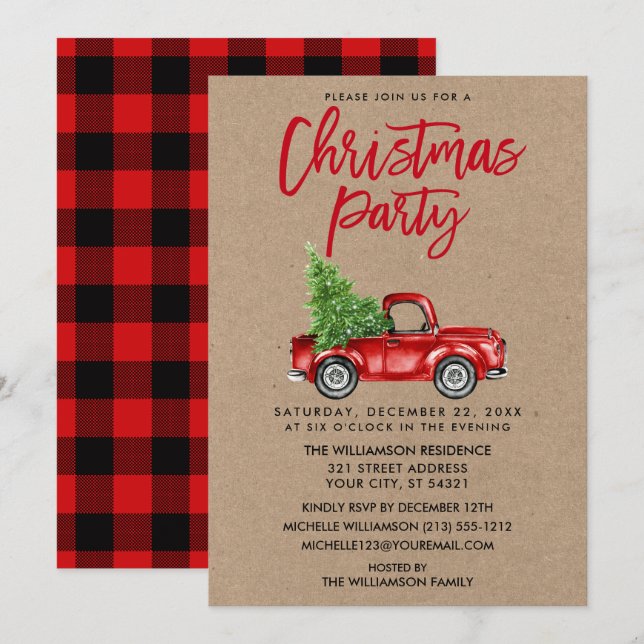 Kraft Brush Script Truck Plaid Christmas Party R Invitation (Front/Back)