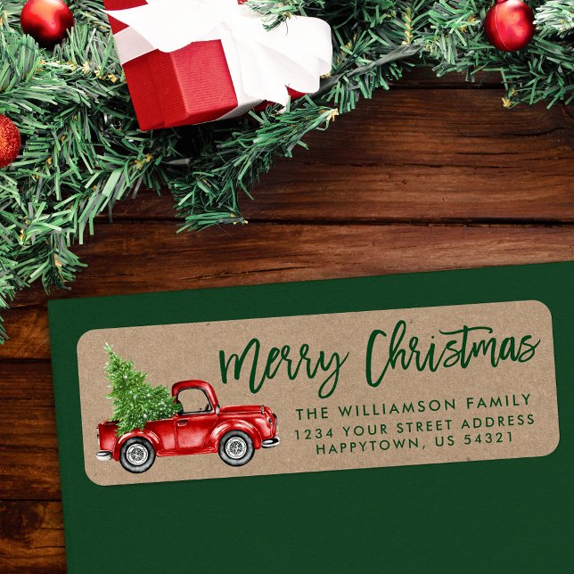 Kraft Brush Script Vintage Truck Christmas Green (Customize to change your personalized text size or style.)
