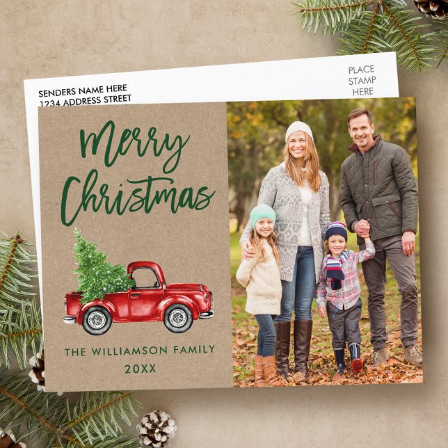 Kraft Brush Script Vintage Truck Photo Christmas Postcard (Customize to change your personalized text size or text style.)