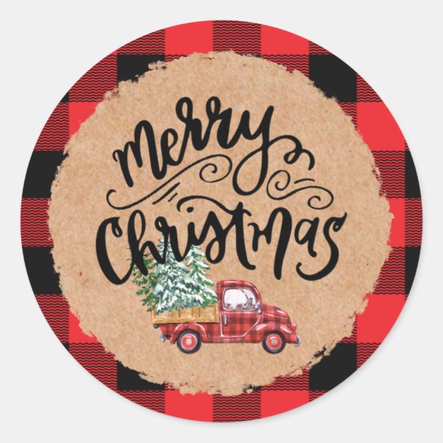 Kraft Buffalo Plaid Script Christmas Holiday Truck Classic Round Sticker (Front)