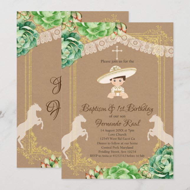 Kraft Cactus Fiesta Baptism and First Birthday Boy Invitation (Front/Back)