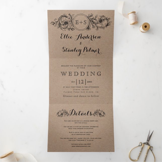 Kraft cardboard floral frame with initials wedding Tri-Fold invitation (Inside)