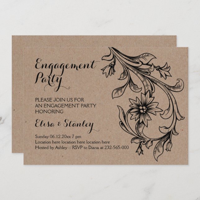 Kraft cardboard floral wedding engagement party invitation (Front/Back)