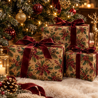 Kraft Christmas Botanical Pattern – Burgundy Bow,  Wrapping Paper