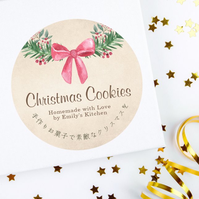 Kraft Christmas Cookie Box Label Red Bow Ribbon (Creator Uploaded)