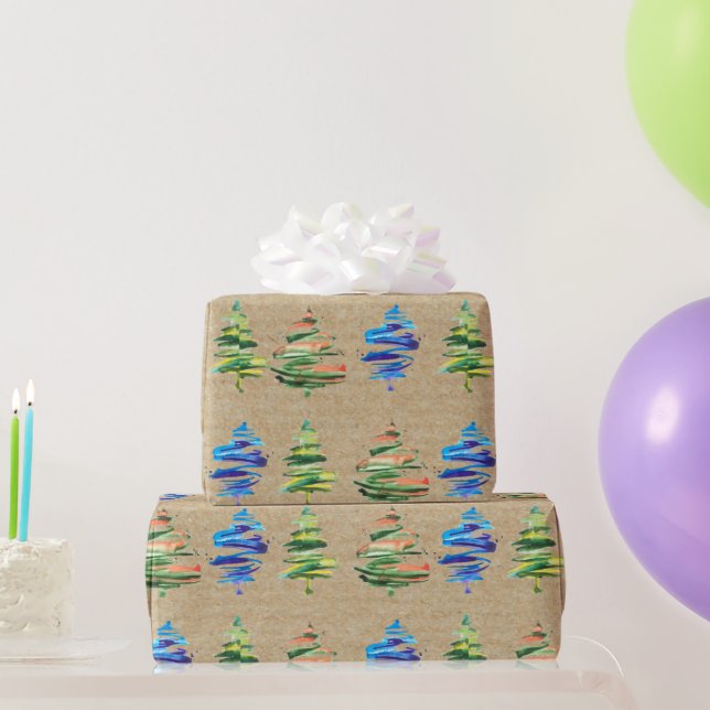 Kraft Colourful Watercolor Abstract Christmas Tree Wrapping Paper (Party Gifts)