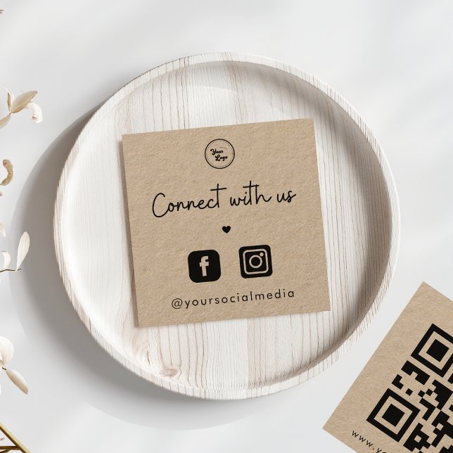 Kraft Connect with Us Heart 2 Social Media QR Code Square Business Card (Creator Uploaded)
