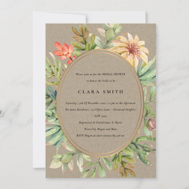 KRAFT DESERT SUCCULENT CACTI FOLIAGE BRIDAL SHOWER INVITATION (Front)