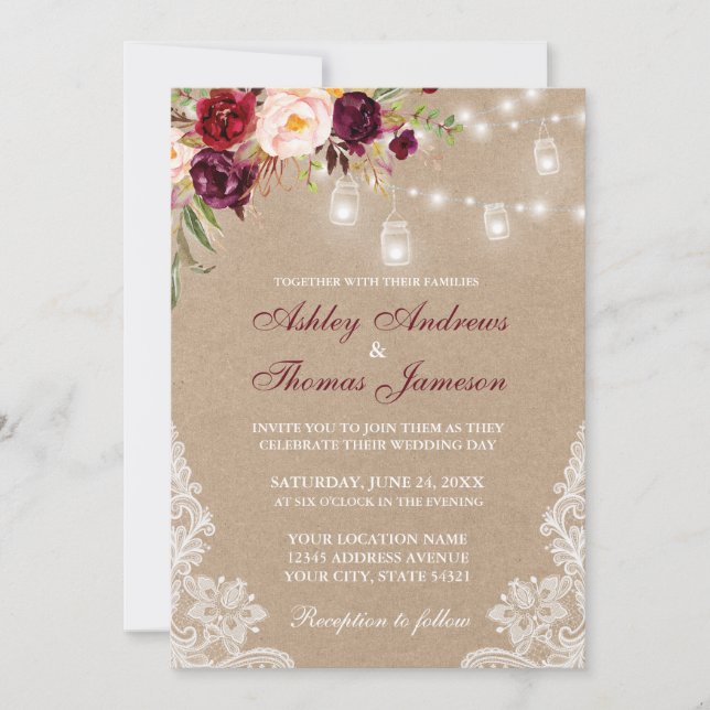 Kraft Floral Burgundy Lace Lights Wedding Invite (Front)