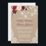 Kraft Floral Burgundy Lace Lights Wedding Invite<br><div class="desc">Kraft Rustic Wedding Mason Jar Lights Lace Watercolor Burgundy Floral Invitation - Burgundy Script</div>