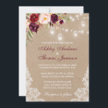 Kraft Floral Burgundy Lace Lights Wedding Invite<br><div class="desc">Kraft Rustic Wedding Mason Jar Lights Lace Watercolor Burgundy Floral Invitation - Burgundy Script</div>