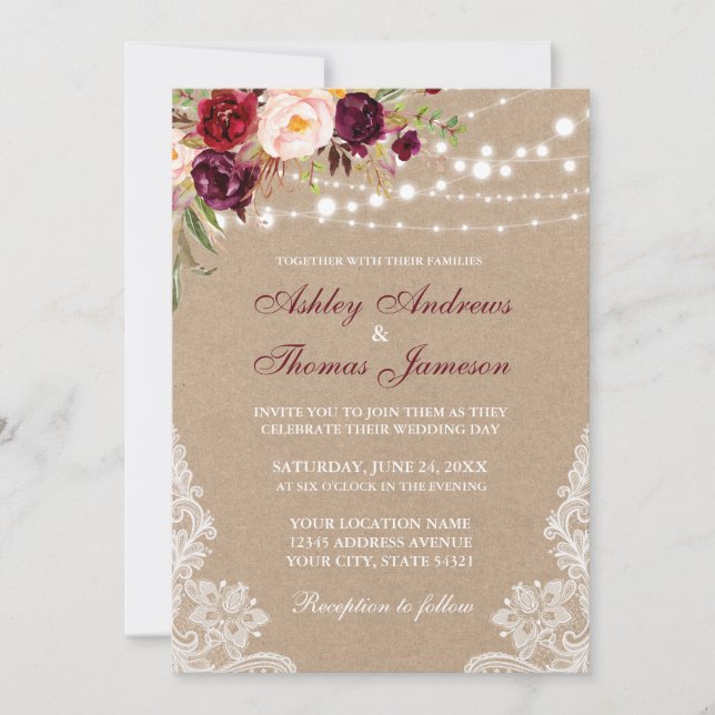 Kraft Floral Burgundy Lights Lace Wedding Invite (Front)