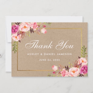 Kraft Floral Pink Blush Gold Wedding Thanks Card