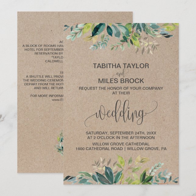 Kraft Foliage | Monogram & Details Backing Wedding Invitation (Front/Back)