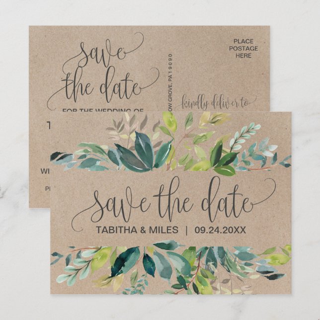 Kraft Foliage Save the Date Announcement Postcard (Front/Back)