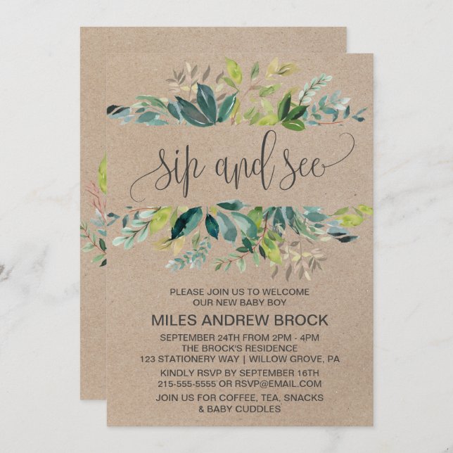 Kraft Foliage Sip and See Invitation (Front/Back)