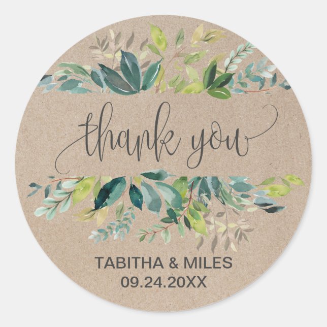 Kraft Foliage Thank You Wedding Favour Classic Round Sticker (Front)