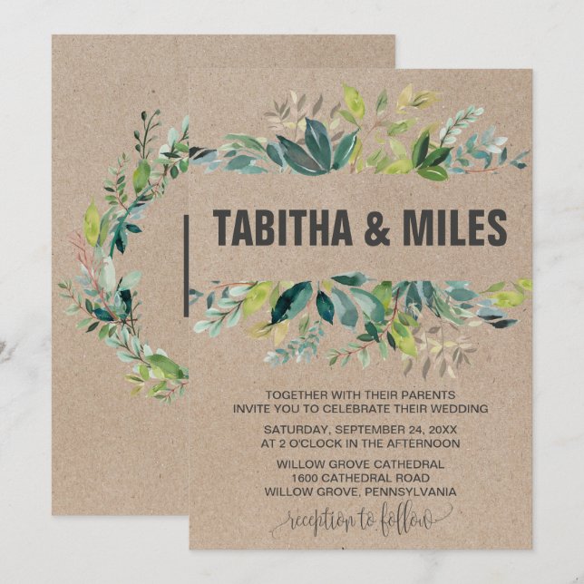 Kraft Foliage with Monogram Wreath Backing Wedding Invitation (Front/Back)