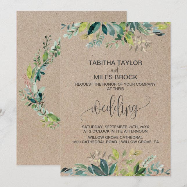 Kraft Foliage with Monogram Wreath Backing Wedding Invitation (Front/Back)