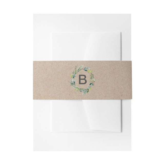 Kraft Foliage Wreath Monogram Wedding Belly Band Invitation Belly Band (Front Example)