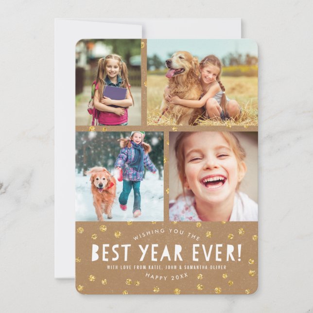 Kraft + Gold Glitter Look Holiday Photo Cards (Front)