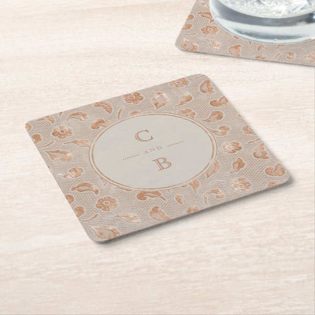 Kraft gold Lace rustic country wedding monogram Square Paper Coaster (Angled)