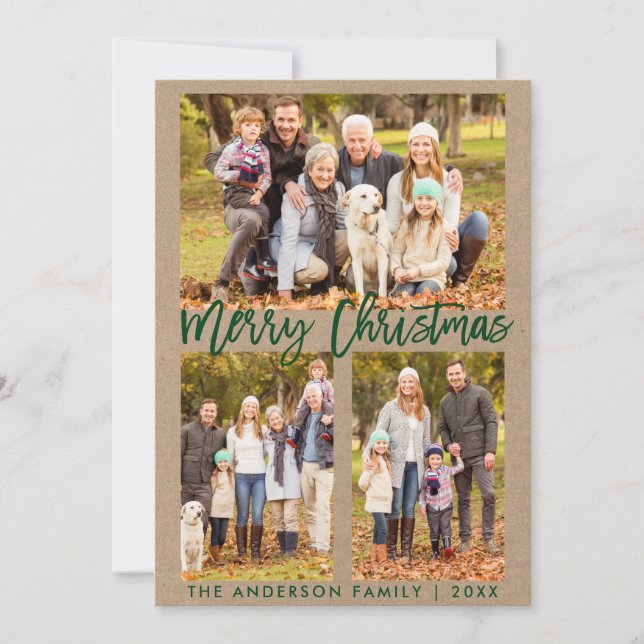 Kraft Green Brush Script Merry Christmas Photo Holiday Card (Front)