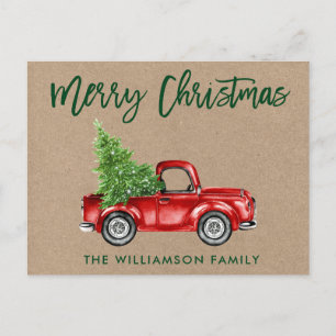 Kraft Green Brush Script Vintage Truck Christmas Postcard